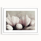 Abstract floral wall art design in a white frame with a mat, showcasing vibrant colors and intricate patterns, perfect for modern decor.