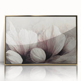 Framed abstract floral wall art design in gold and white, showcasing delicate petals and intricate patterns, perfect for modern decor.