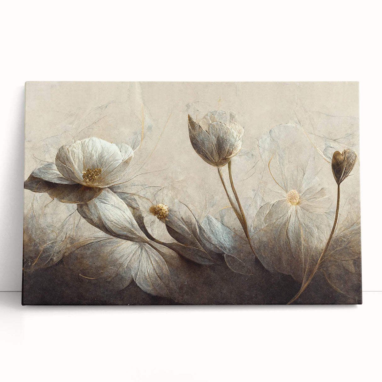 Abstract floral wall art design on stretched canvas, showcasing vibrant colors and soft textures, perfect for modern home decor.