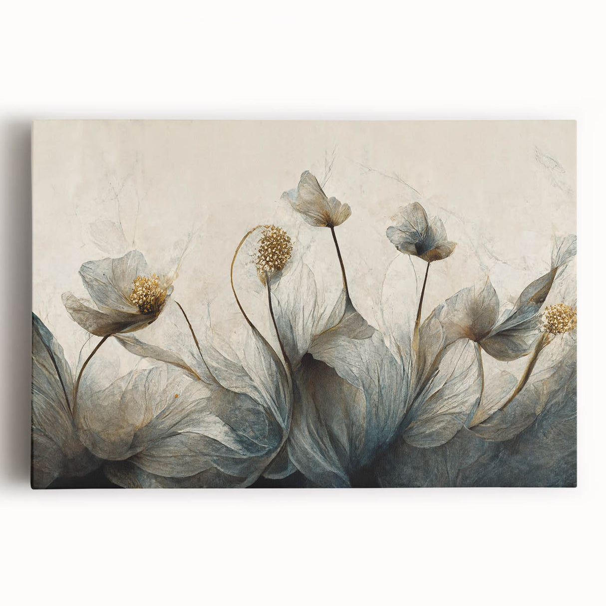 Vibrant abstract floral wall art design on stretched canvas, showcasing colorful blossoms in rich hues against a soft background, perfect for home decor.
