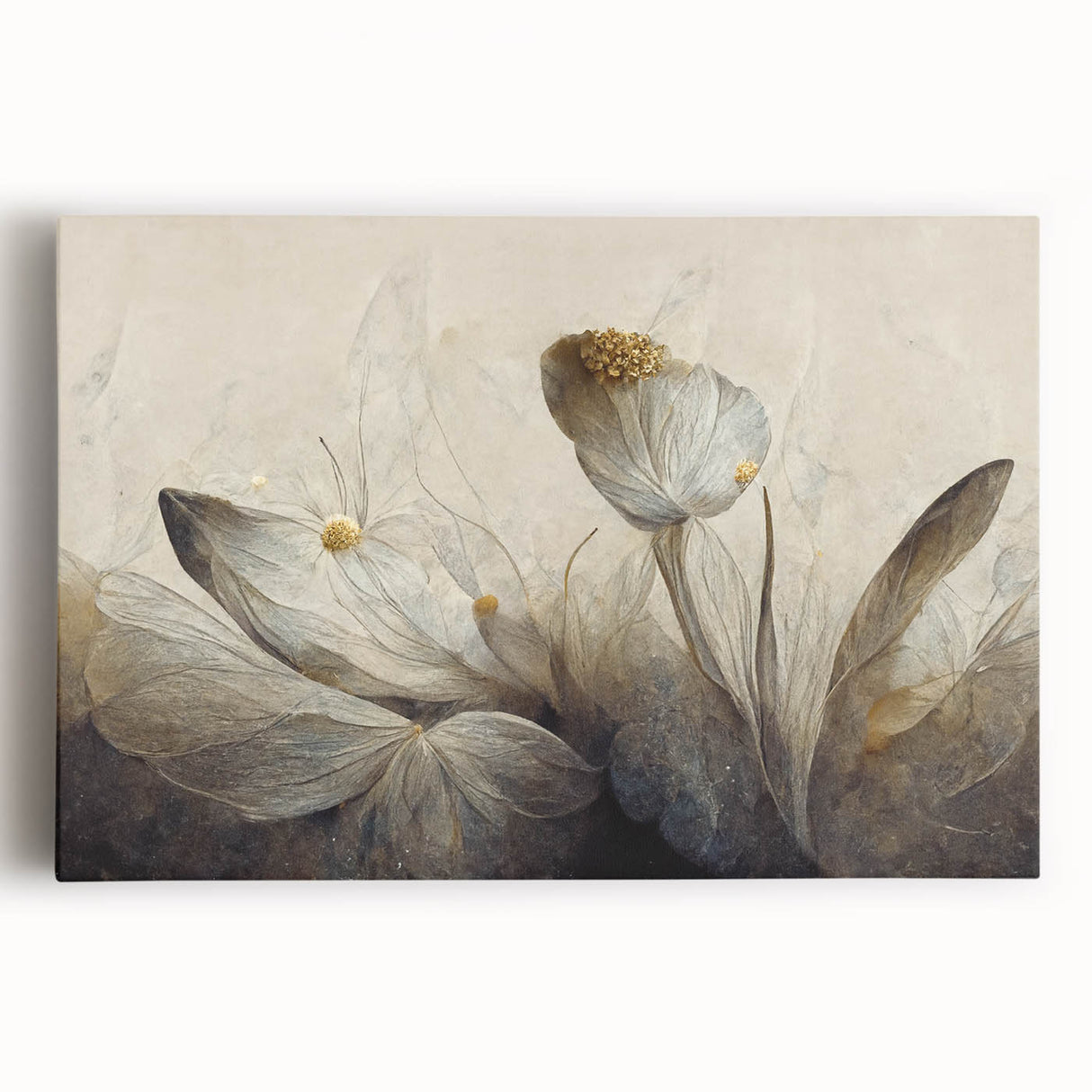 Vibrant abstract floral wall art on stretched canvas, showcasing colorful blooms and organic shapes, perfect for modern home decor.