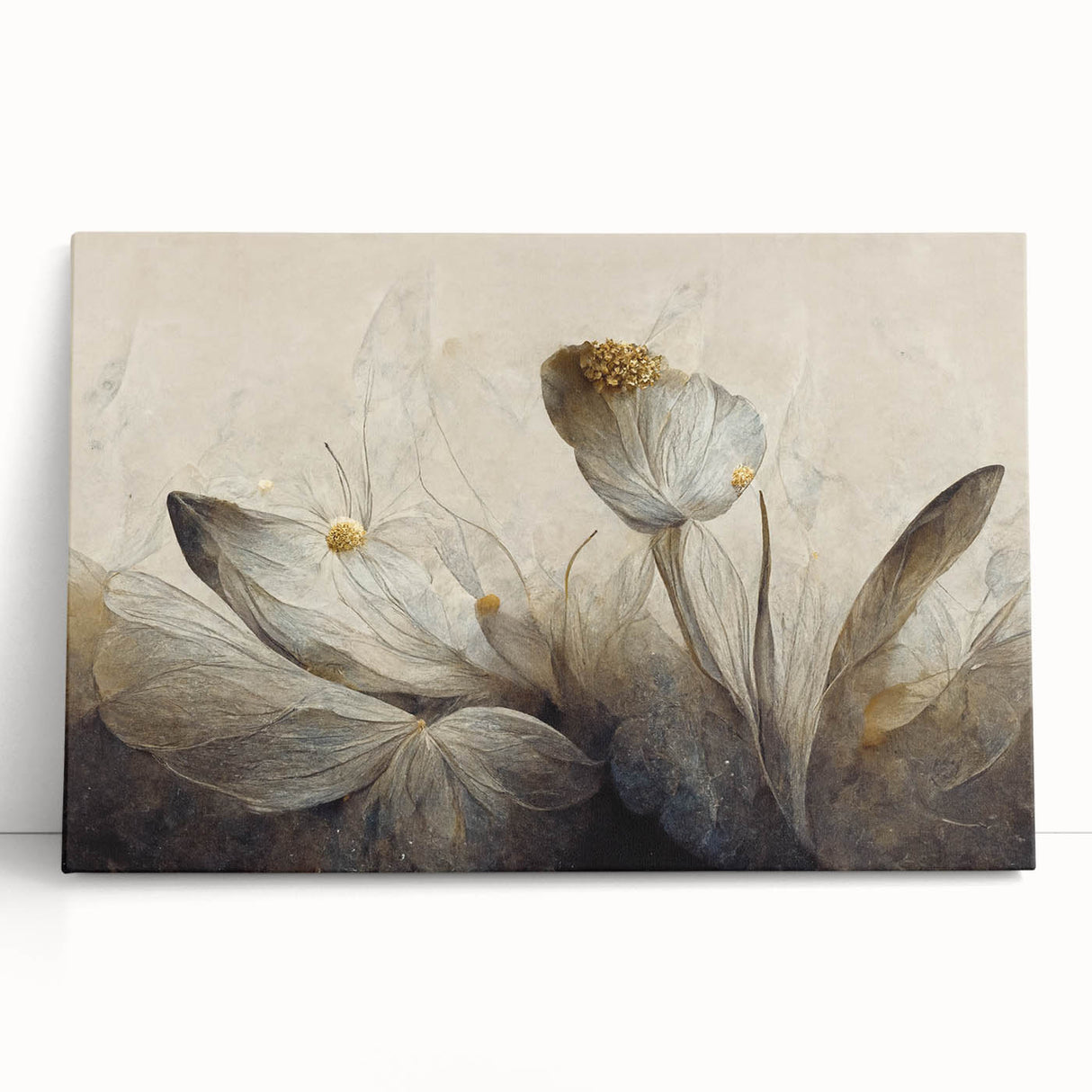 Abstract floral wall art on stretched canvas, showcasing vibrant colors and intricate designs, perfect for modern home decor or gallery display.
