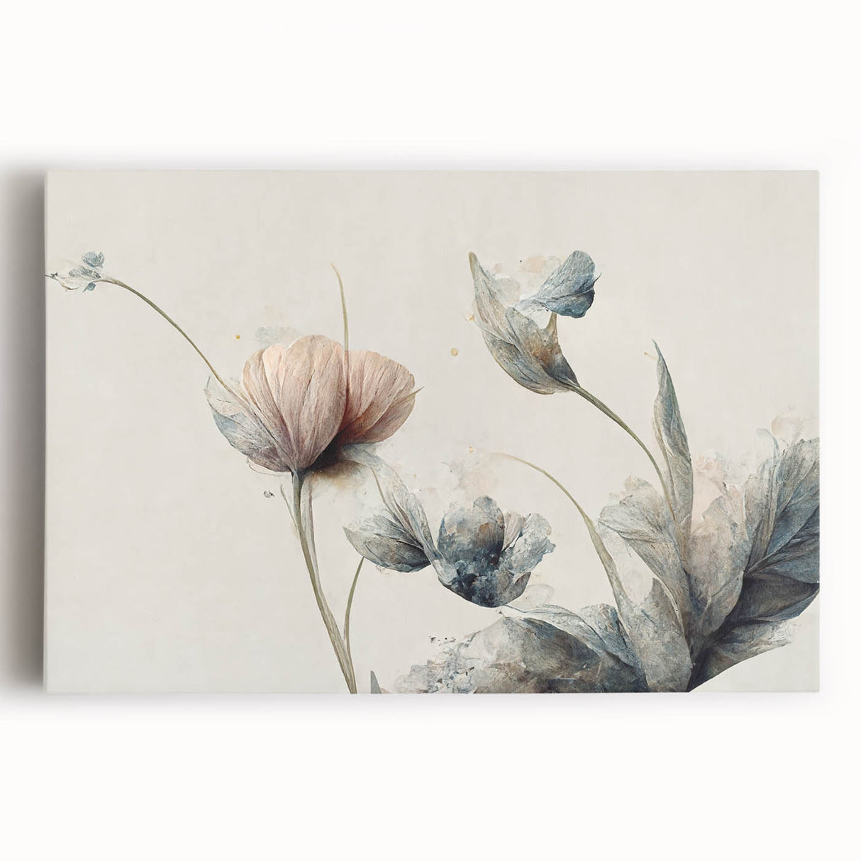 Vibrant abstract floral wall art on stretched canvas, showcasing colorful blooms in shades of pink, blue, and green, perfect for modern decor.