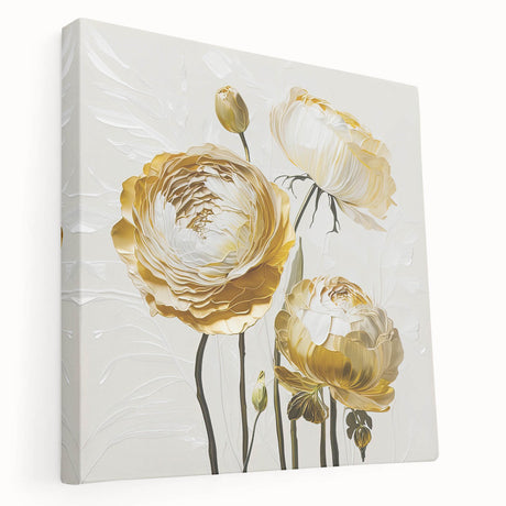 Colorful abstract floral design on stretched canvas wall art, showcasing vibrant hues of pink, blue, and yellow with a sleek side view.