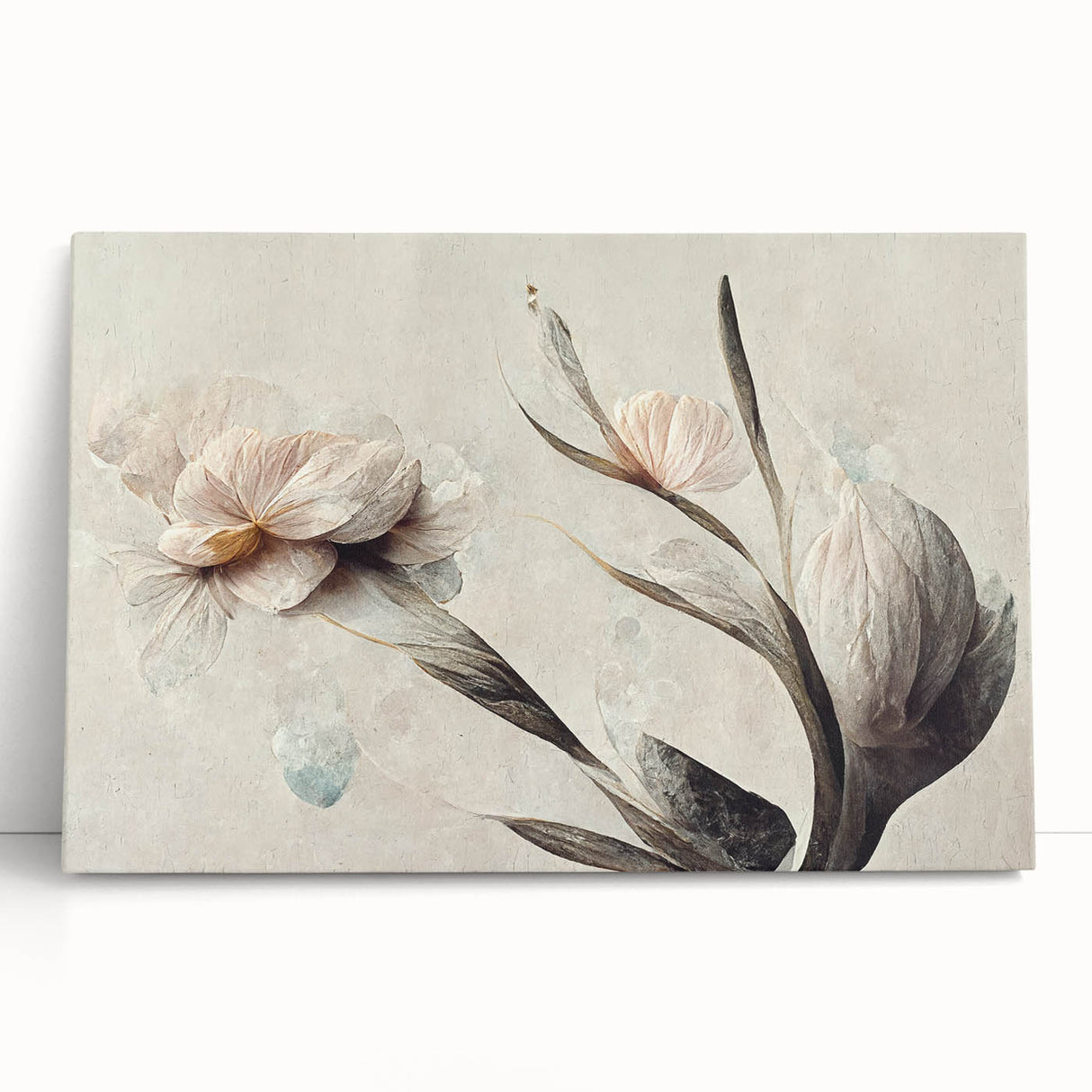 Vibrant abstract floral wall art on stretched canvas, featuring bold colors and delicate brush strokes, perfect for modern home decor.