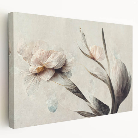 Vibrant abstract floral canvas wall art design showcasing colorful blooms in hues of pink, blue, and yellow, stretched on a wooden frame.