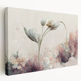 Vibrant abstract floral wall art design on stretched canvas, showcasing colorful blossoms and leaves in a side view, perfect for modern decor.
