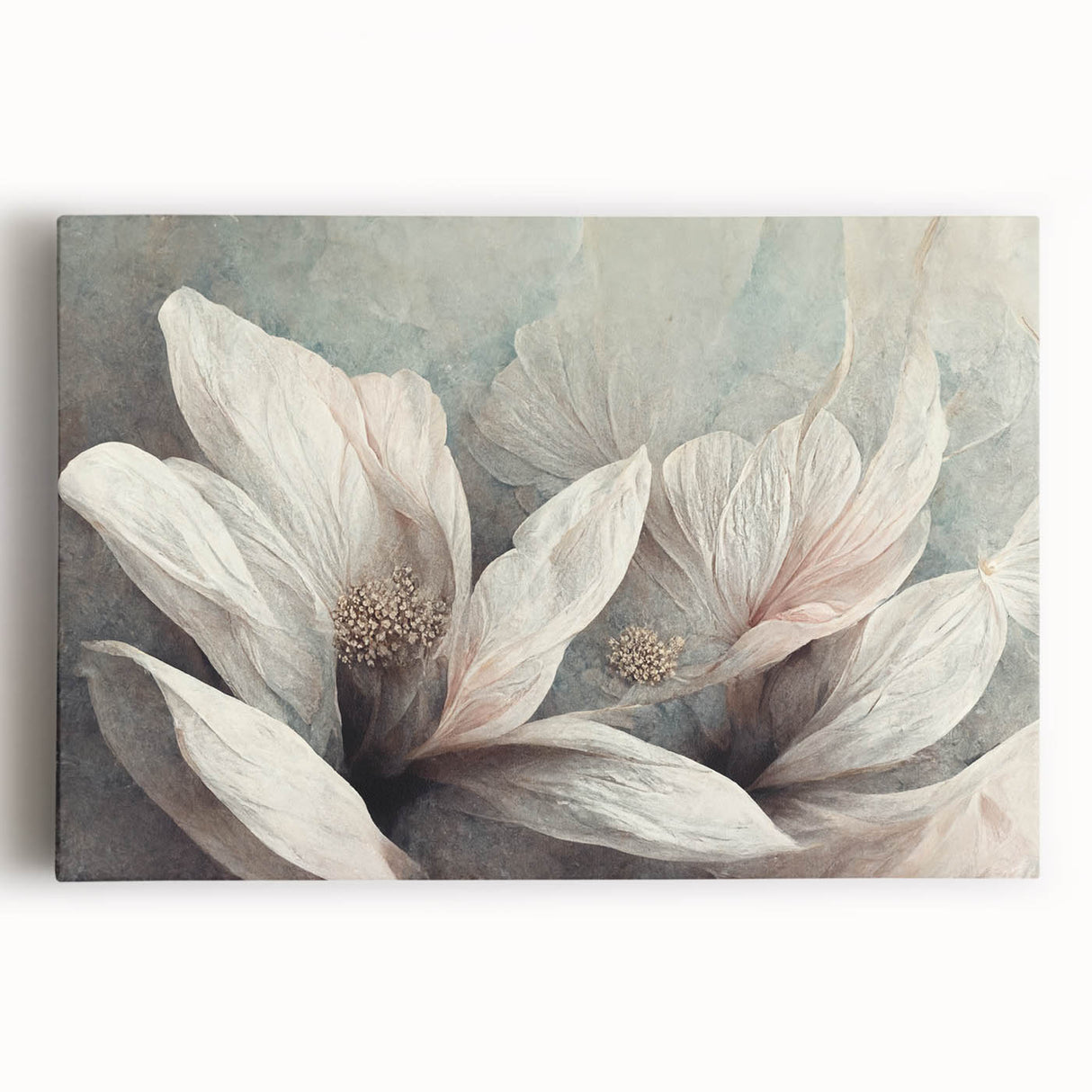 Colorful abstract floral design on stretched canvas wall art showcasing vibrant hues of pink, blue, and green, ideal for modern home decor.