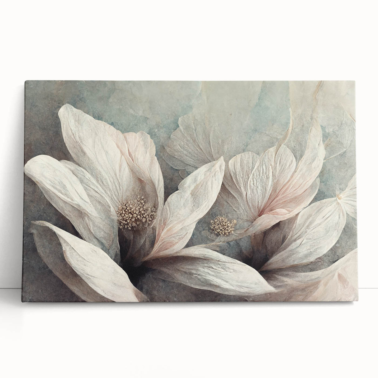 Vibrant abstract floral wall art design on stretched canvas, showcasing colorful blooms in shades of pink, blue, and green, perfect for modern decor.