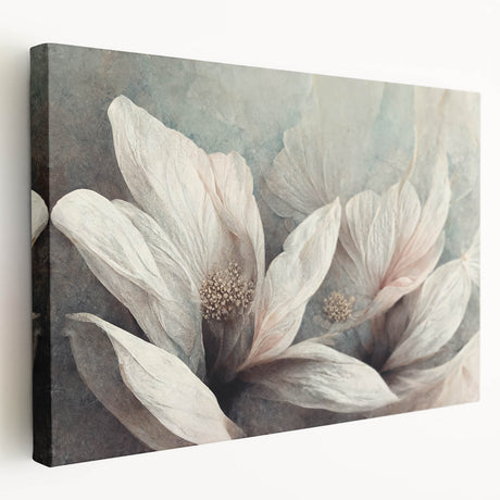 Vibrant abstract floral wall art on stretched canvas, showcasing rich colors and dynamic shapes, perfect for modern home decor.
