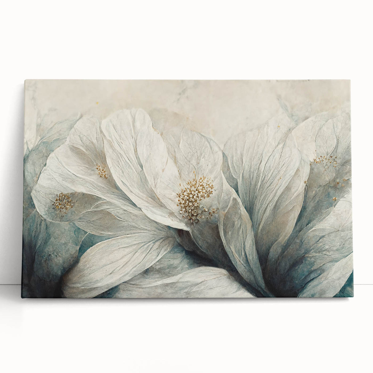 Stretched canvas wall art showcasing a vibrant abstract floral design in rich blues, pinks, and greens, ideal for modern home decor.