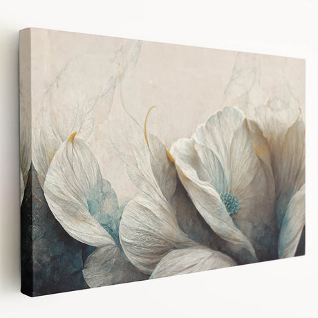Stretched canvas wall art depicting colorful abstract floral designs on a textured surface, showcasing vibrant hues and modern aesthetics.