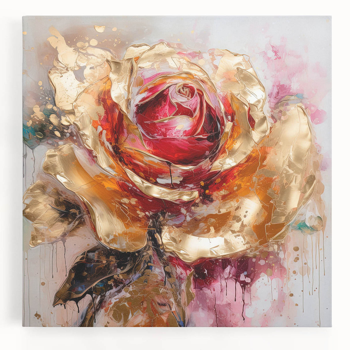 Vibrant abstract floral wall art on stretched canvas, showcasing rich colors and intricate designs, ideal for modern home decor.