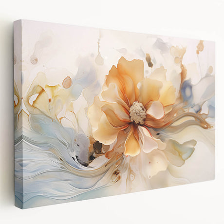 Stretched canvas wall art featuring an abstract floral design in vibrant colors, showcasing a side view that highlights the texture and depth of the artwork. Perfect for modern home decor.