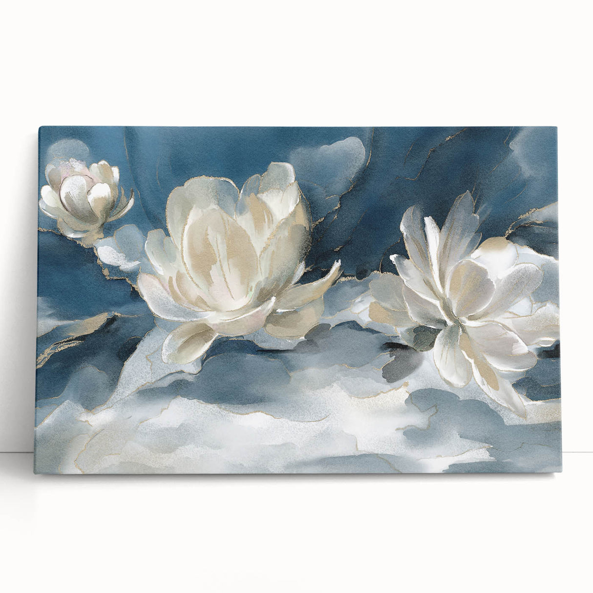 Abstract floral wall art design on stretched canvas, featuring vibrant colors and fluid shapes, perfect for modern home decor.