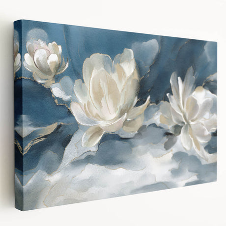 Stretched canvas showcasing an abstract floral design with vibrant colors, perfect for modern home decor, viewed from the side to highlight depth.