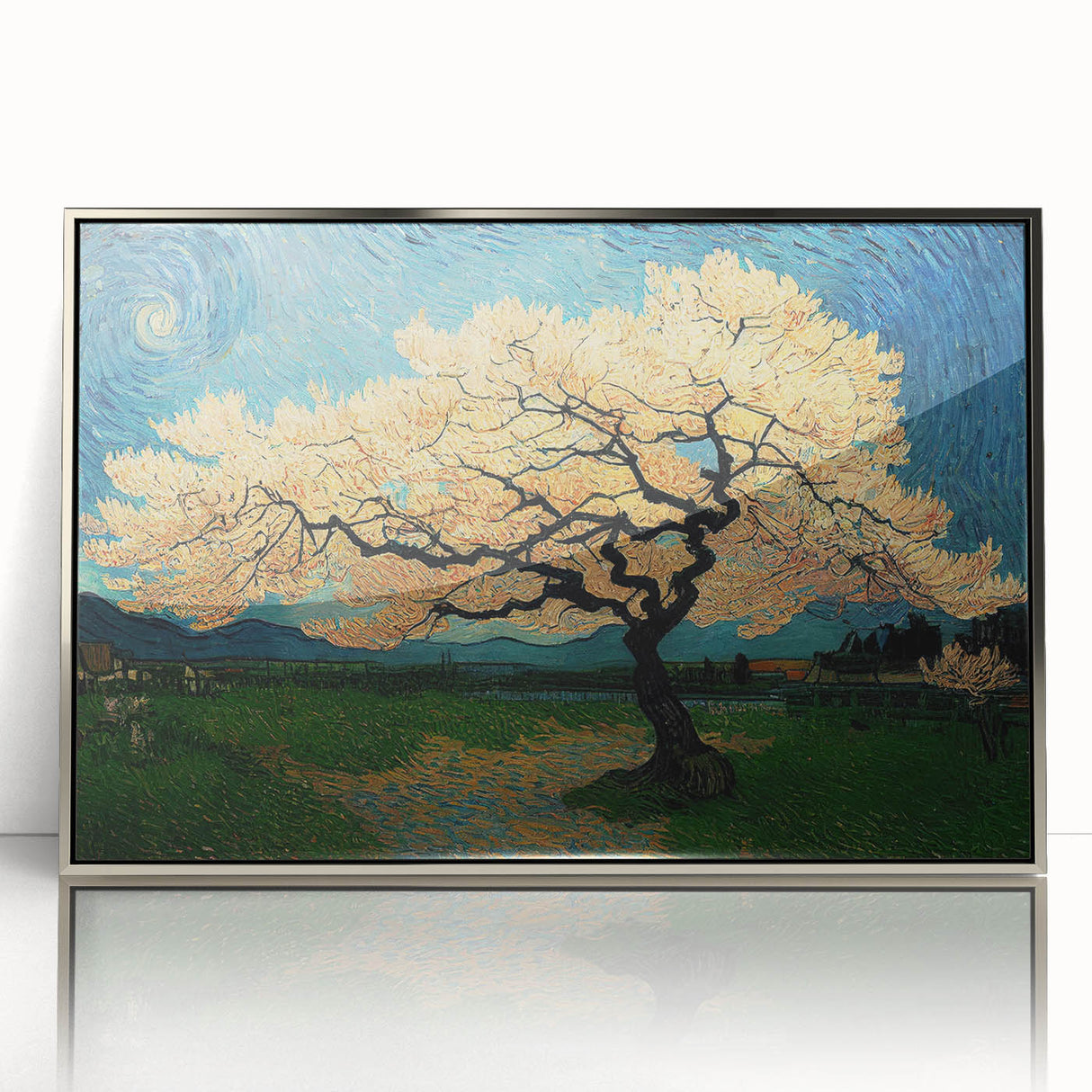 Framed abstract floral wall art design showcasing vibrant colors and intricate patterns, with a sleek silver frame enhancing its elegance.