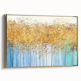Framed abstract floral wall art design showcasing vibrant colors and gold accents, perfect for modern home decor and stylish interiors.