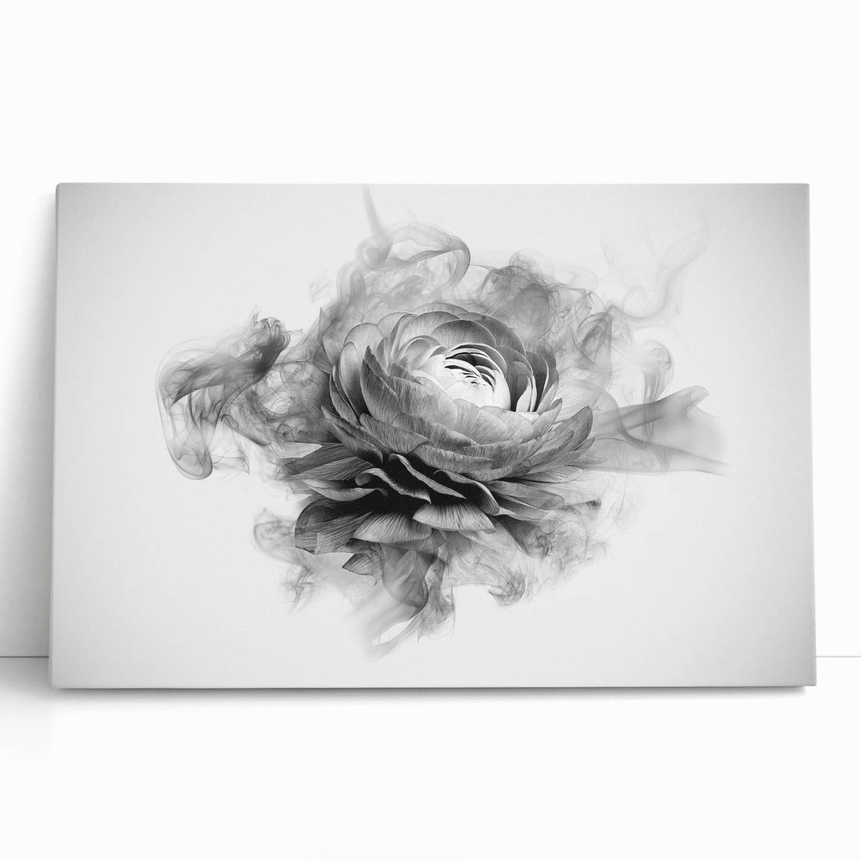 Abstract floral wall art design on stretched canvas, showcasing vibrant colors and delicate brush strokes, perfect for modern home decor.