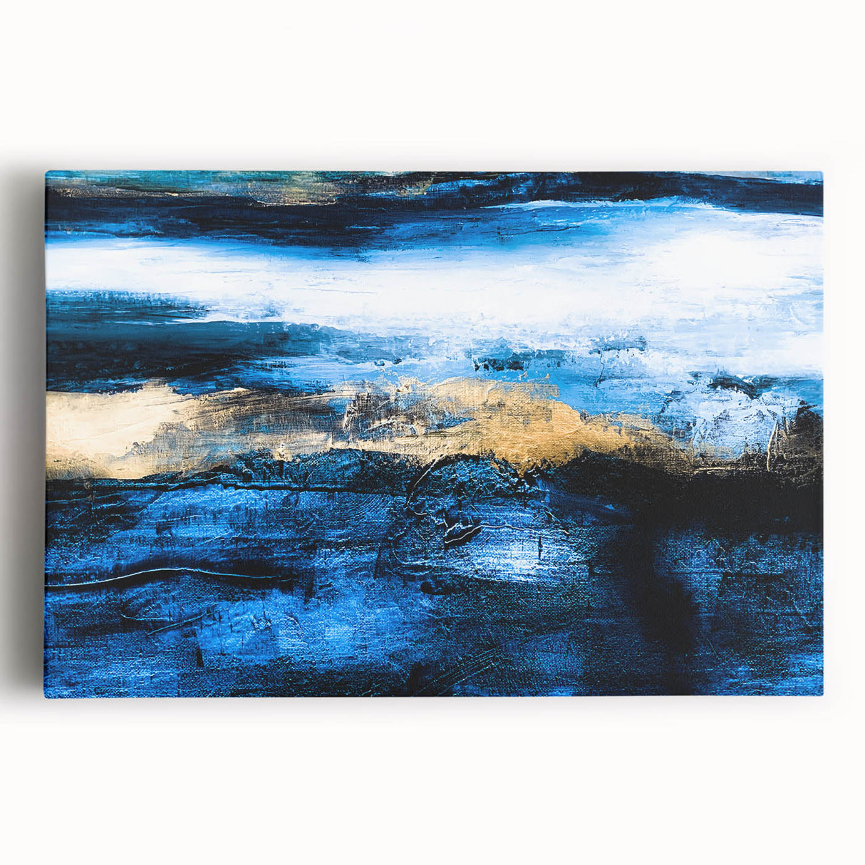 Stretched canvas wall art showcasing a vibrant abstract landscape with bold colors and fluid shapes, ideal for modern home decor.