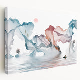 Stretched canvas artwork showcasing an abstract landscape design in vibrant hues of blue, green, and gold, ideal for modern home decor.