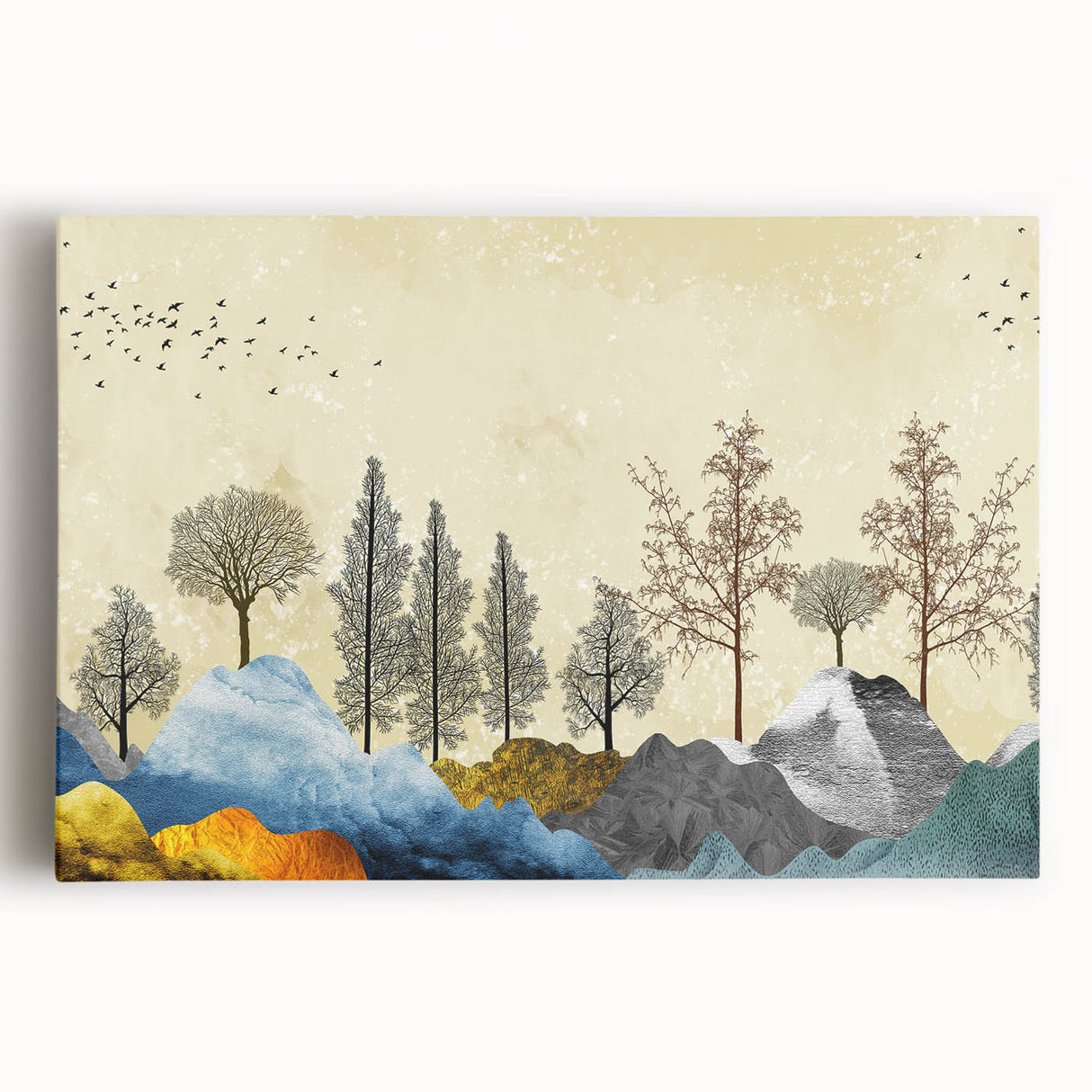 Abstract landscape wall art collection displayed on stretched canvas, showcasing vibrant colors and fluid shapes that evoke tranquility and creativity.