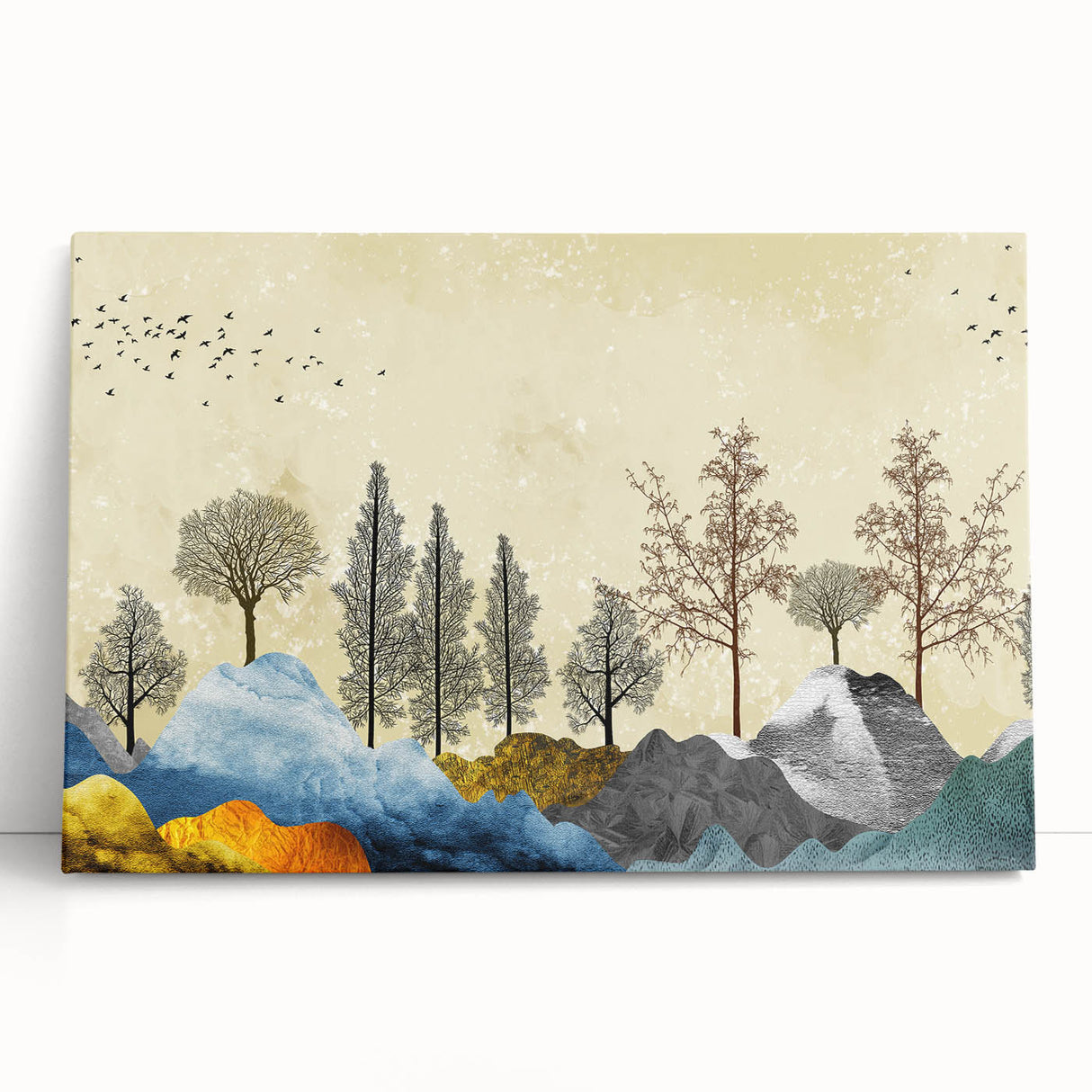 Abstract landscape canvas wall art collection showcasing vibrant colors and flowing shapes, perfect for modern home decor accents.