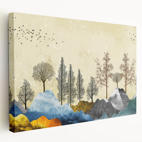 Stretched canvas wall art showcasing an abstract landscape design with vibrant colors and fluid shapes, perfect for modern home decor.