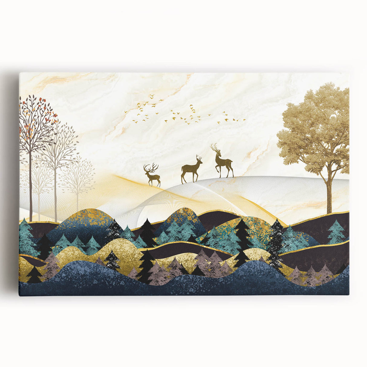 Abstract landscape wall art collection on stretched canvas, showcasing vibrant colors and fluid forms, ideal for modern home decor.
