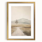 Abstract landscape wall art in a gold frame with a mat, showcasing vibrant colors and modern design elements, perfect for contemporary home decor.