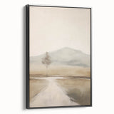 Framed canvas wall art featuring an abstract landscape design in muted colors, showcasing a black frame and side view, perfect for modern home decor.