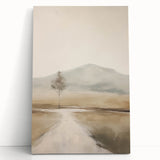 Abstract landscape wall art collection featuring vibrant colors and dynamic shapes on stretched canvas, leaning against a neutral wall for a modern aesthetic.