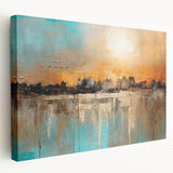 Vibrant abstract landscape wall art design on stretched canvas, showcasing bold colors and fluid forms, perfect for modern home decor.
