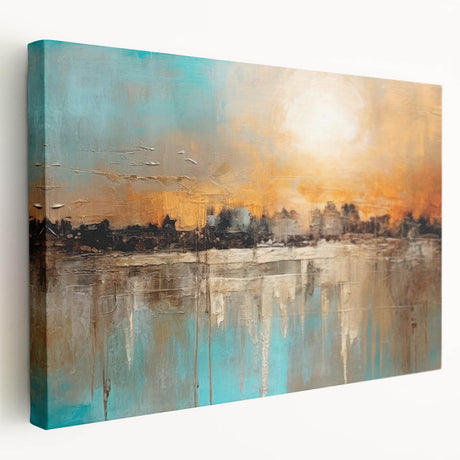 Vibrant abstract landscape wall art design on stretched canvas, showcasing bold colors and fluid forms, perfect for modern home decor.