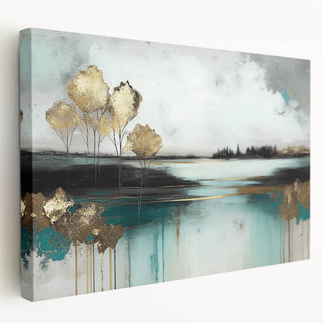 Abstract landscape wall art design showcasing vibrant colors and fluid patterns, printed on stretched canvas with a side view display.