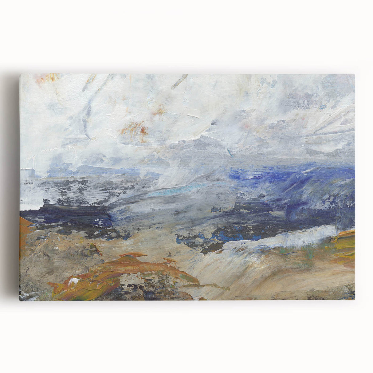 Colorful abstract landscape wall art on stretched canvas, showcasing vibrant hues and fluid brushstrokes, ideal for modern home decor.