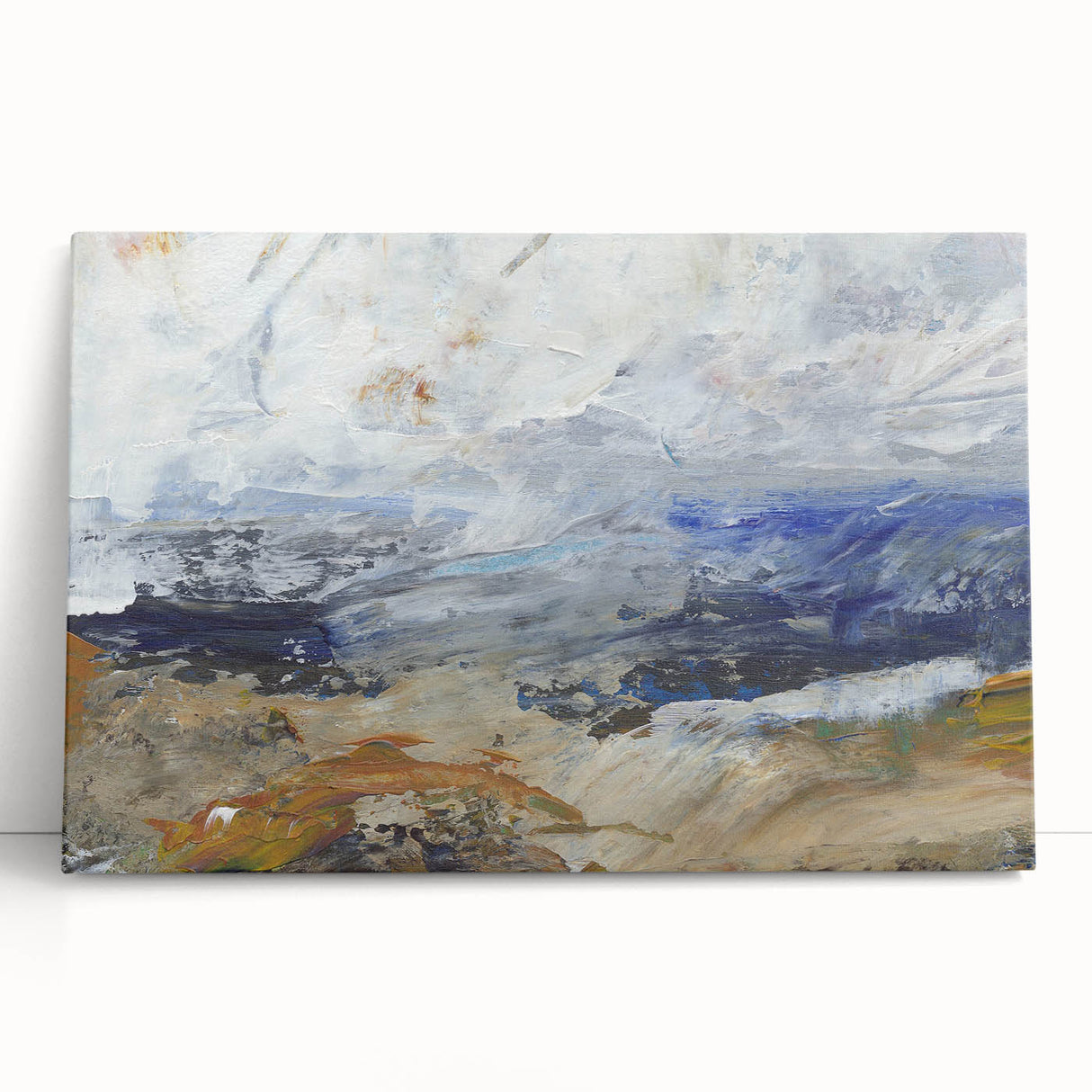 Abstract landscape wall art design featuring vibrant colors and fluid shapes, printed on stretched canvas, leaning against a wall in a modern setting.