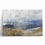 Abstract landscape wall art design featuring vibrant colors and fluid shapes, printed on stretched canvas, leaning against a wall in a modern setting.