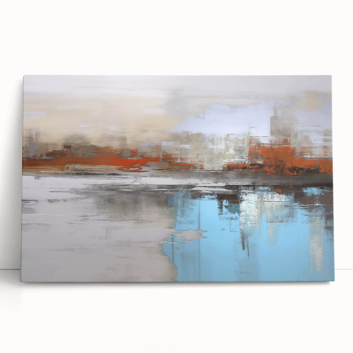 Abstract landscape wall art collection showcasing vibrant hues of blue and orange on a stretched canvas, ideal for modern home decor.