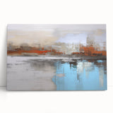 Abstract landscape wall art collection showcasing vibrant hues of blue and orange on a stretched canvas, ideal for modern home decor.