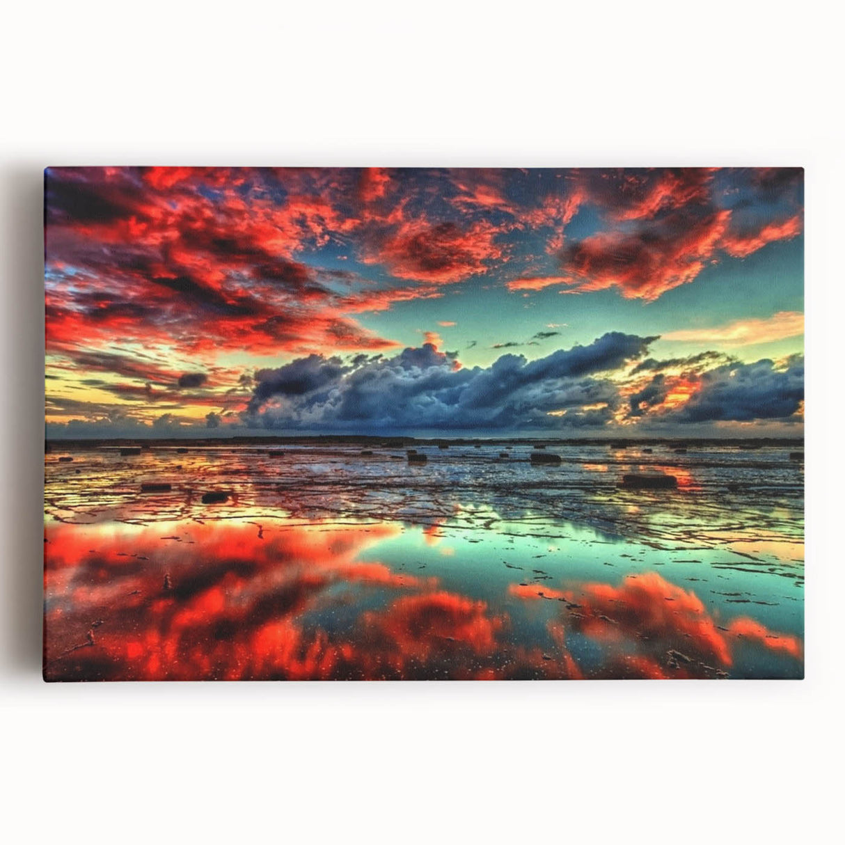 Abstract landscape wall art on stretched canvas, showcasing vibrant colors and fluid shapes, perfect for modern home decor and artistic ambiance.