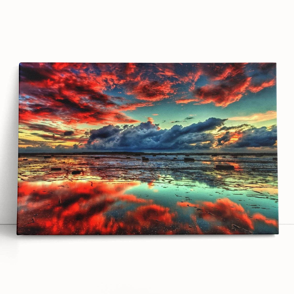 Vibrant abstract landscape wall art on stretched canvas, showcasing rich colors and fluid designs, perfect for modern home decor.