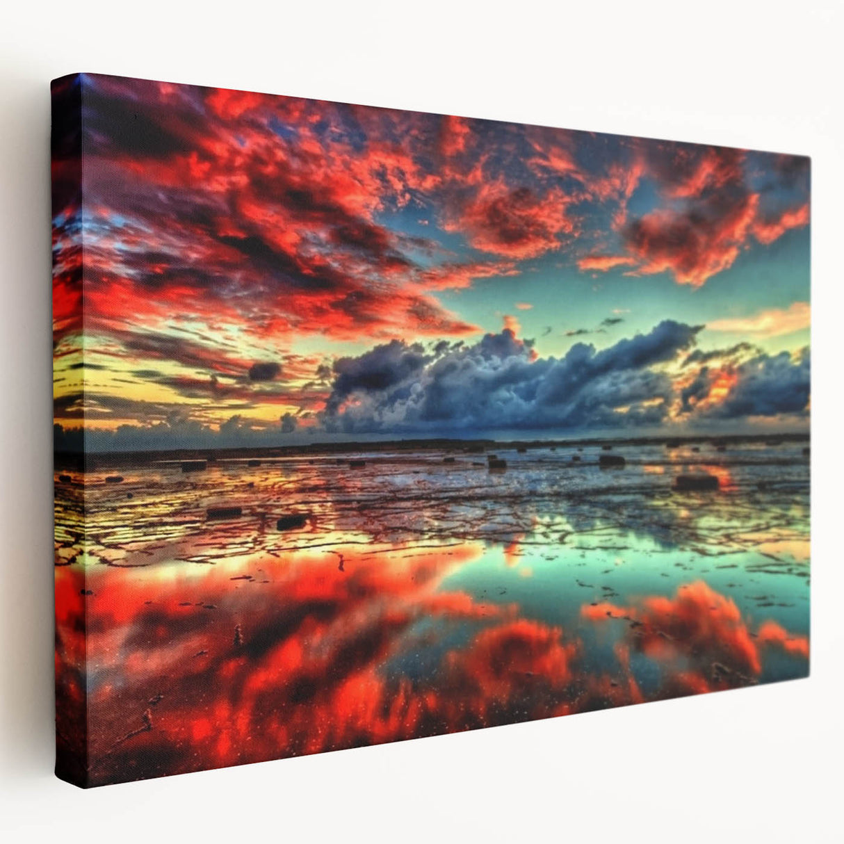 Stretched canvas wall art showcasing an abstract landscape design with vibrant colors and fluid shapes, perfect for modern home decor.
