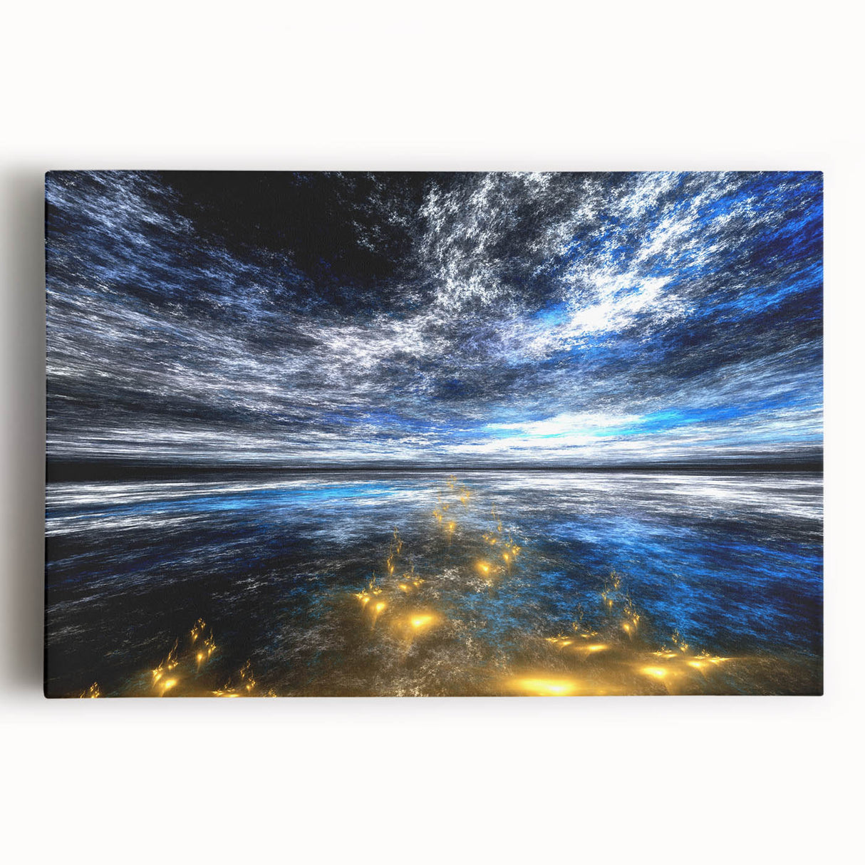 Vibrant abstract landscape wall art on stretched canvas, showcasing a colorful blend of blues, oranges, and greens, perfect for modern decor.
