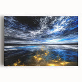 Vibrant abstract landscape wall art on stretched canvas, showcasing a colorful blend of blues, oranges, and greens, perfect for modern decor.