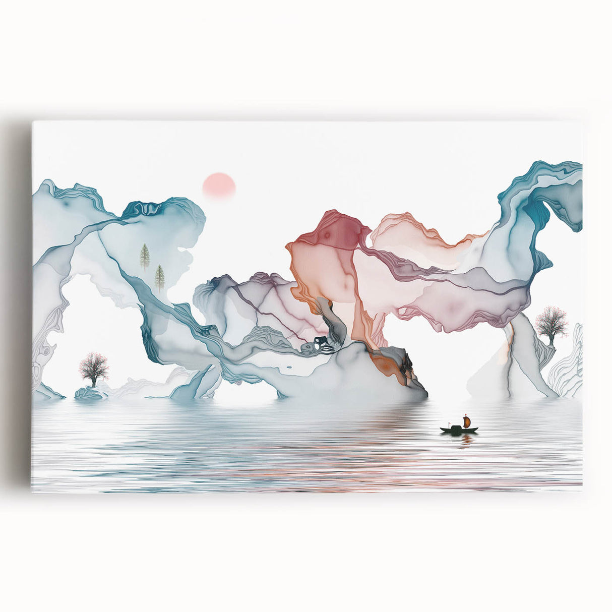 Abstract landscape wall art collection on stretched canvas, showcasing vibrant colors and dynamic shapes, ideal for modern home decor.