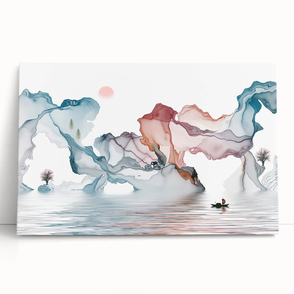 Abstract landscape wall art print on stretched canvas, showcasing vibrant colors and fluid shapes, perfect for modern home decor.