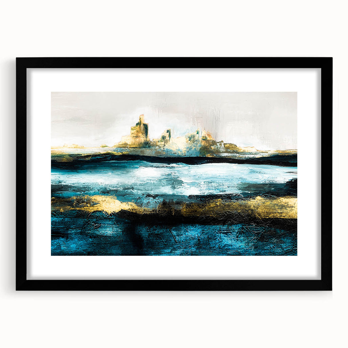 Framed abstract landscape wall art featuring vibrant colors and dynamic shapes, set in a sleek black frame with a mat for an elegant finish.