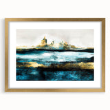 Framed abstract landscape wall art design in gold frame with mat, showcasing vibrant colors and modern aesthetics for home decor.