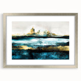 Framed abstract landscape wall art with a silver mat, showcasing vibrant colors and dynamic shapes, ideal for modern home decor.